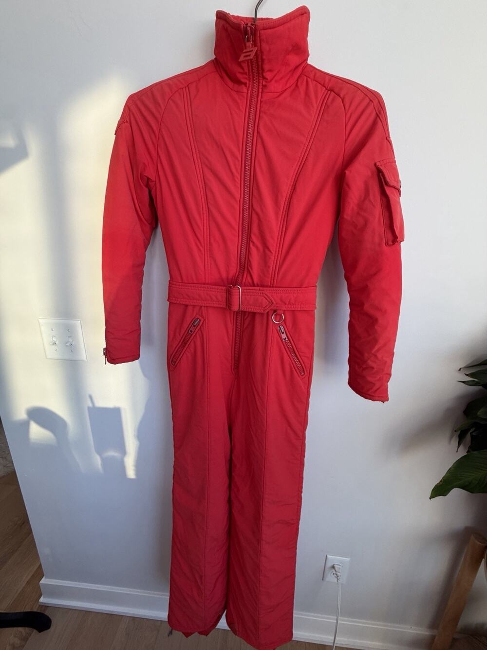 Vtg 60s 70 Ski Suit Anba One Piece Snowsuit Snow Bib Belted Retro Red Women’s